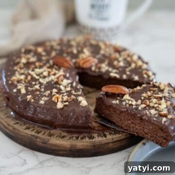 Keto Chocolate Pecan Torte Recipe – Low-Carb Dessert Delight 12 A delightful pecan torte adorned with chopped nuts, featuring a slice artfully placed on a plate.