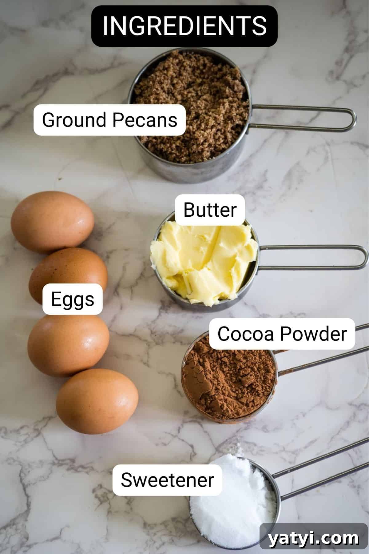 Keto Chocolate Pecan Torte Recipe – Low-Carb Dessert Delight 4 On a marble surface, the essentials for a delicious pecan torte await: four eggs, ground pecans, butter, cocoa powder, and sweetener carefully measured in cups.