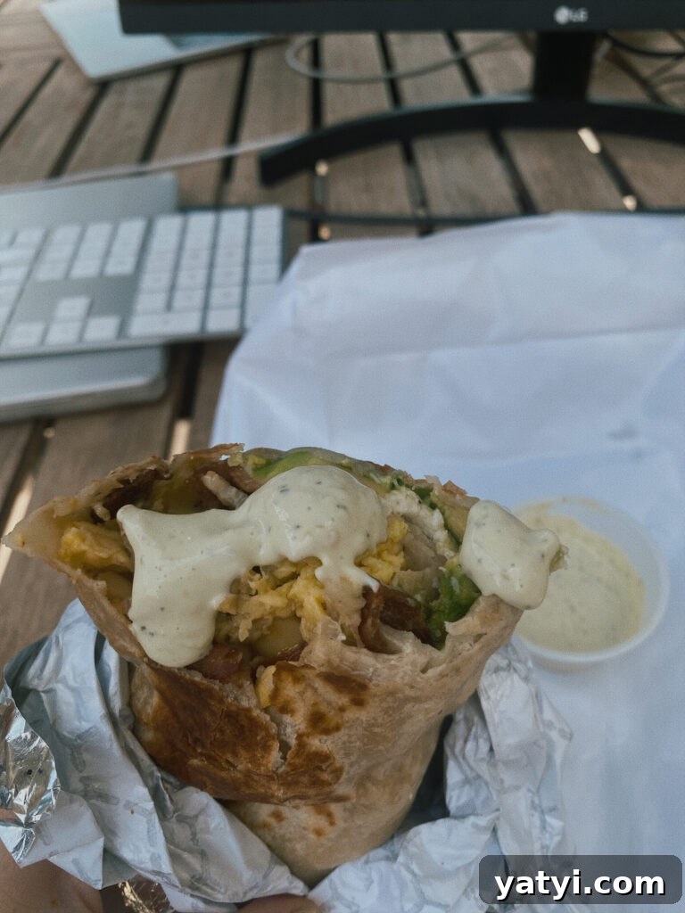 Skiers' Breakfast Burrito Recipe from Beaumont Bakery 4 Breakfast burrito with sauce