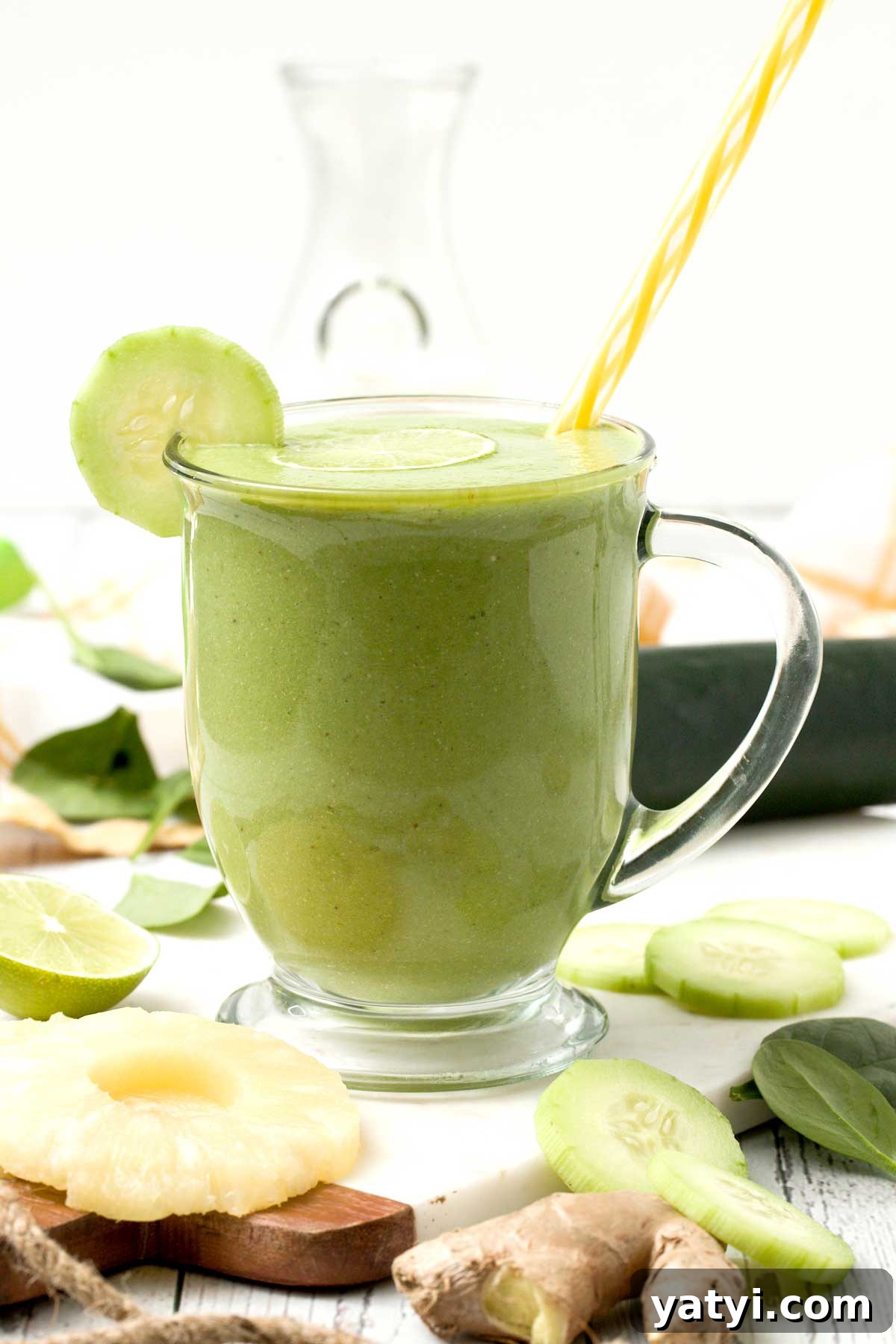 Pineapple, Cucumber & Ginger Detox Smoothie Recipe 4 The signed view of detox smoothie with cucumber pineapple ginger and lime with a yellow straw.