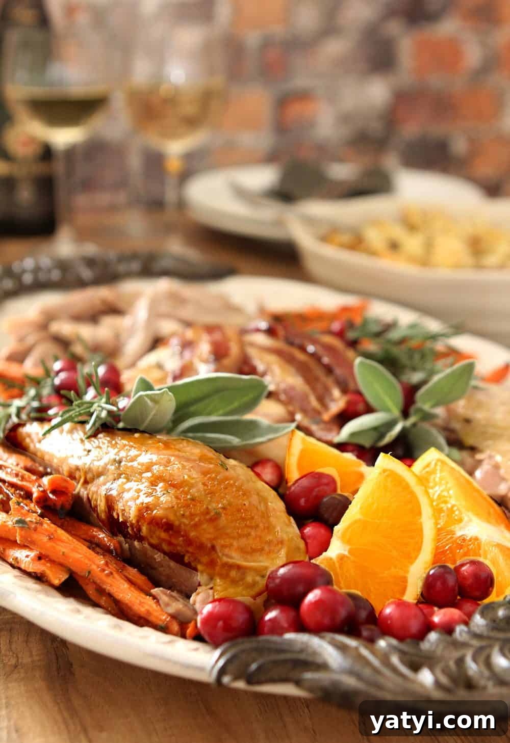 Bourbon-Infused Pumpernickel & Rye Stuffing Recipe 4 Whole turkey is roasted and basted with maple syrup and chicken stock.