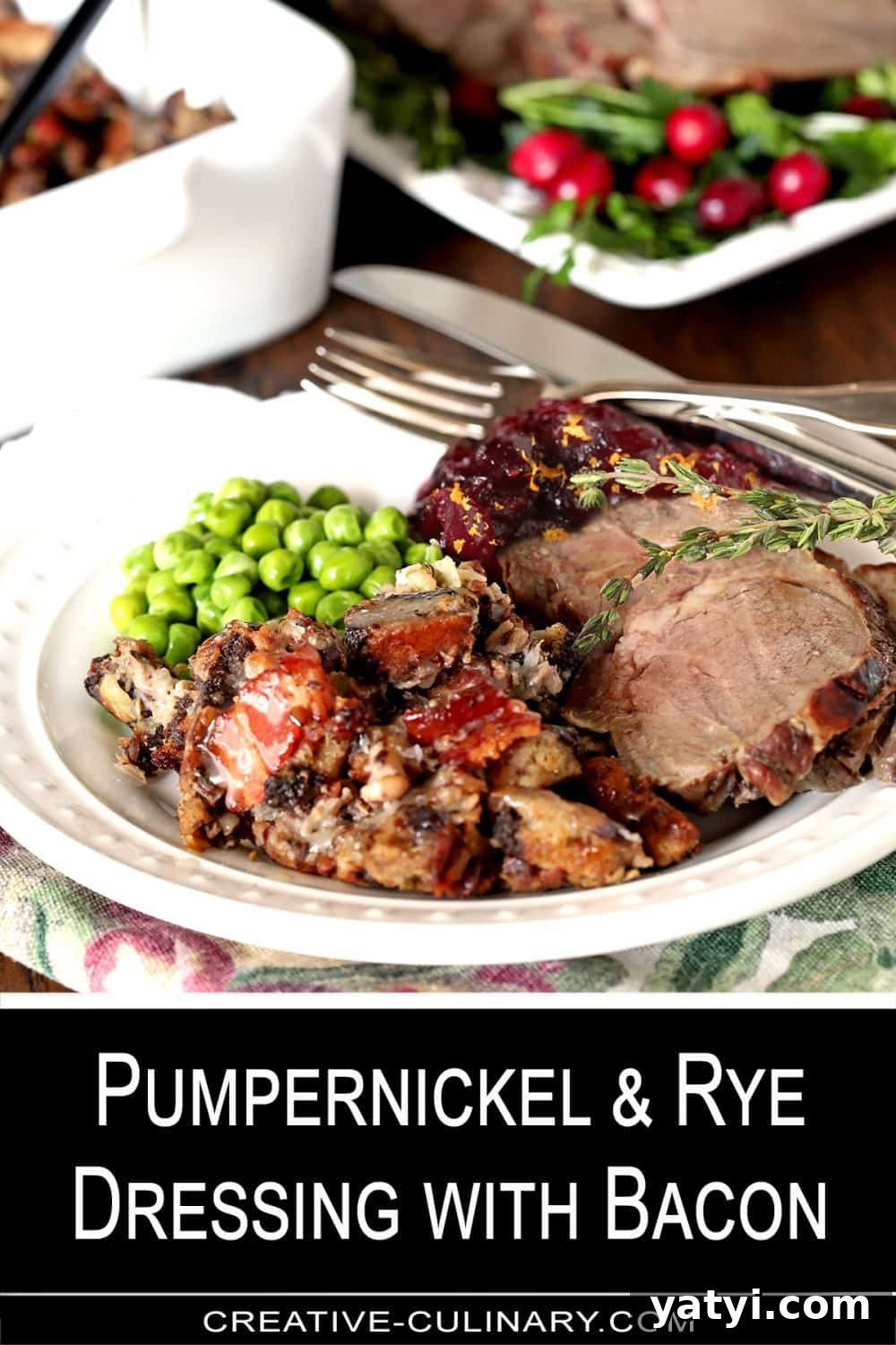 Bourbon-Infused Pumpernickel & Rye Stuffing Recipe 5 Rye and Pumpernickel Dressing with Bourbon on a Plate with lamb, peas, and cranberry sauce.