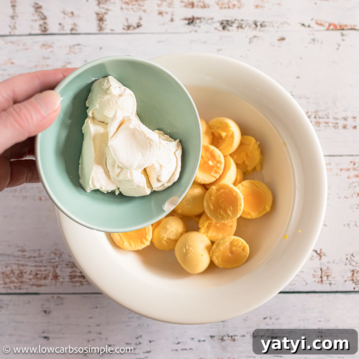 Browned Butter Cream Cheese Deviled Eggs (Carnivore-Friendly) 7 Adding Cream Cheese to the Yolks | Low-Carb, So Simple