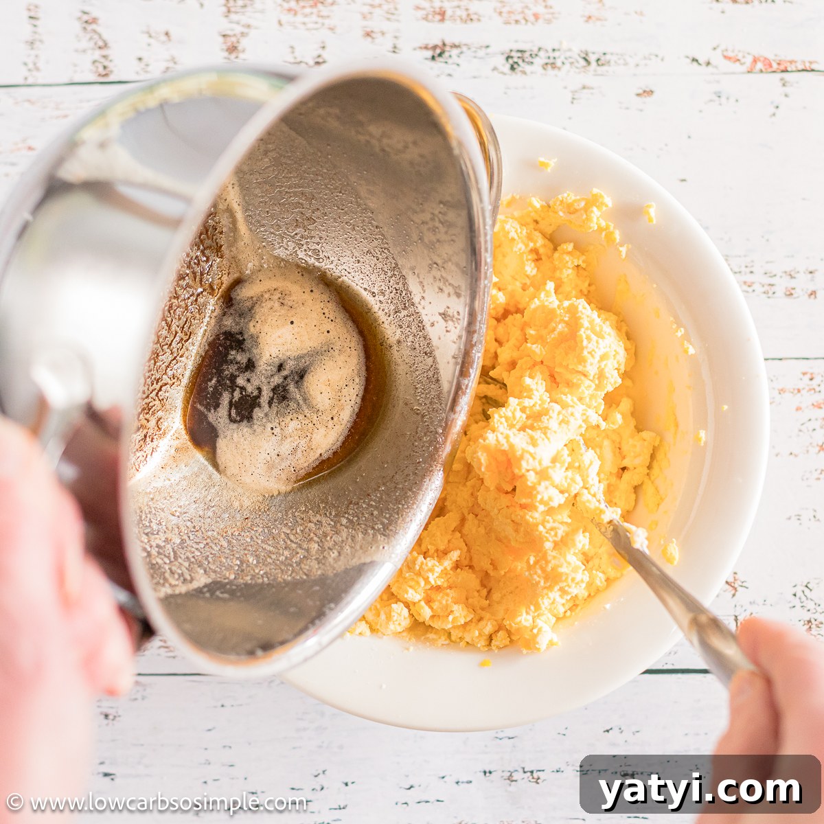 Browned Butter Cream Cheese Deviled Eggs (Carnivore-Friendly) 8 Adding the Browned Butter to the Yolk Mixture | Low-Carb, So Simple