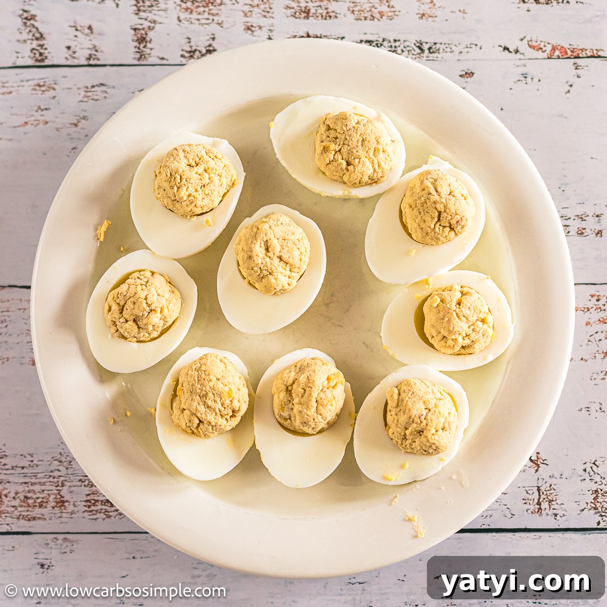 Browned Butter Cream Cheese Deviled Eggs (Carnivore-Friendly) 10 Ready Carnivore Browned Butter and Cream Cheese Deviled Eggs on a Plate | Low-Carb, So Simple