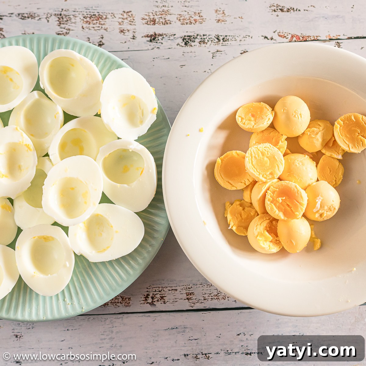 Browned Butter Cream Cheese Deviled Eggs (Carnivore-Friendly) 4 Whites and Yolks on Separate Plates | Low-Carb, So Simple