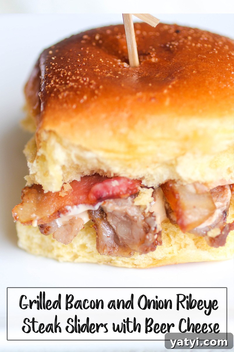 Grilled Bacon and Onion Ribeye Steak Sliders with Beer Cheese