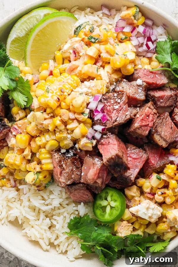 Street Corn Steak Rice Bowls.