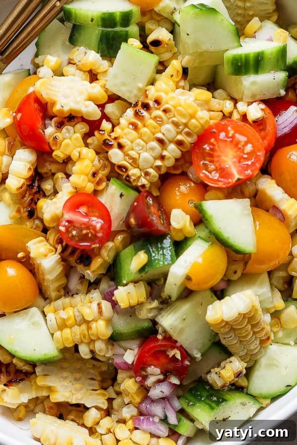 Grilled corn salad with tomatoes and cucumbers.