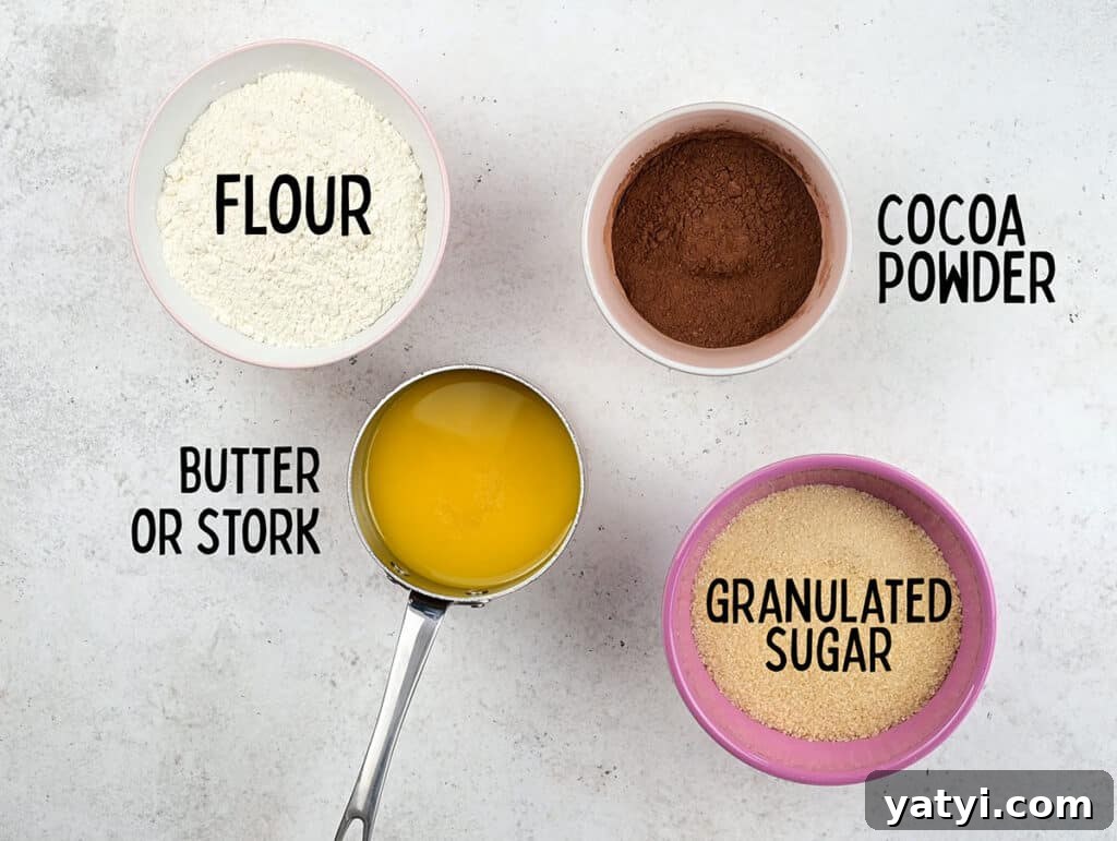 flour, cocoa powder, granulated sugar and melted butter in bowls