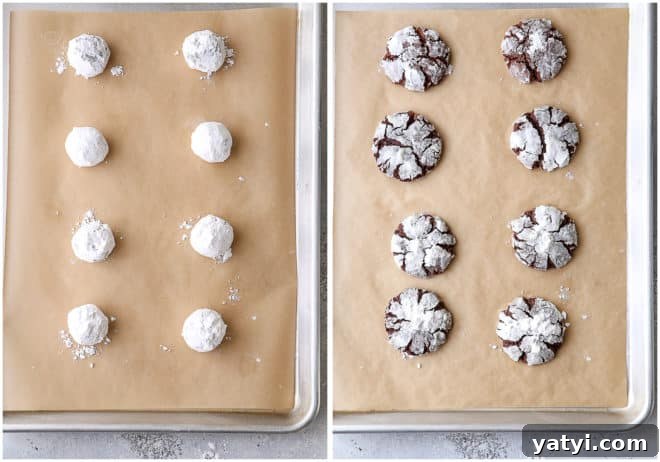 chocolate crinkle cookies, before and after