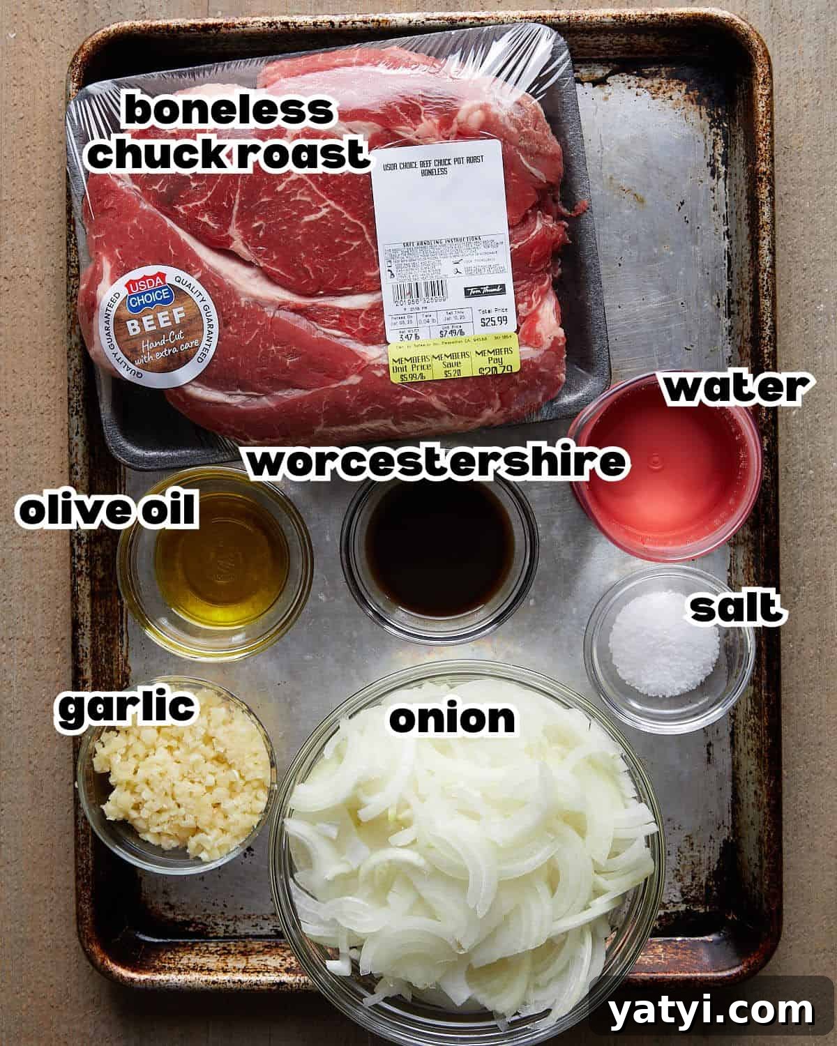 Fall-Apart Oven Chuck Roast Recipe for Tender, Juicy Beef 3 Overhead image of ingredients needed to make chuck roast in oven.
