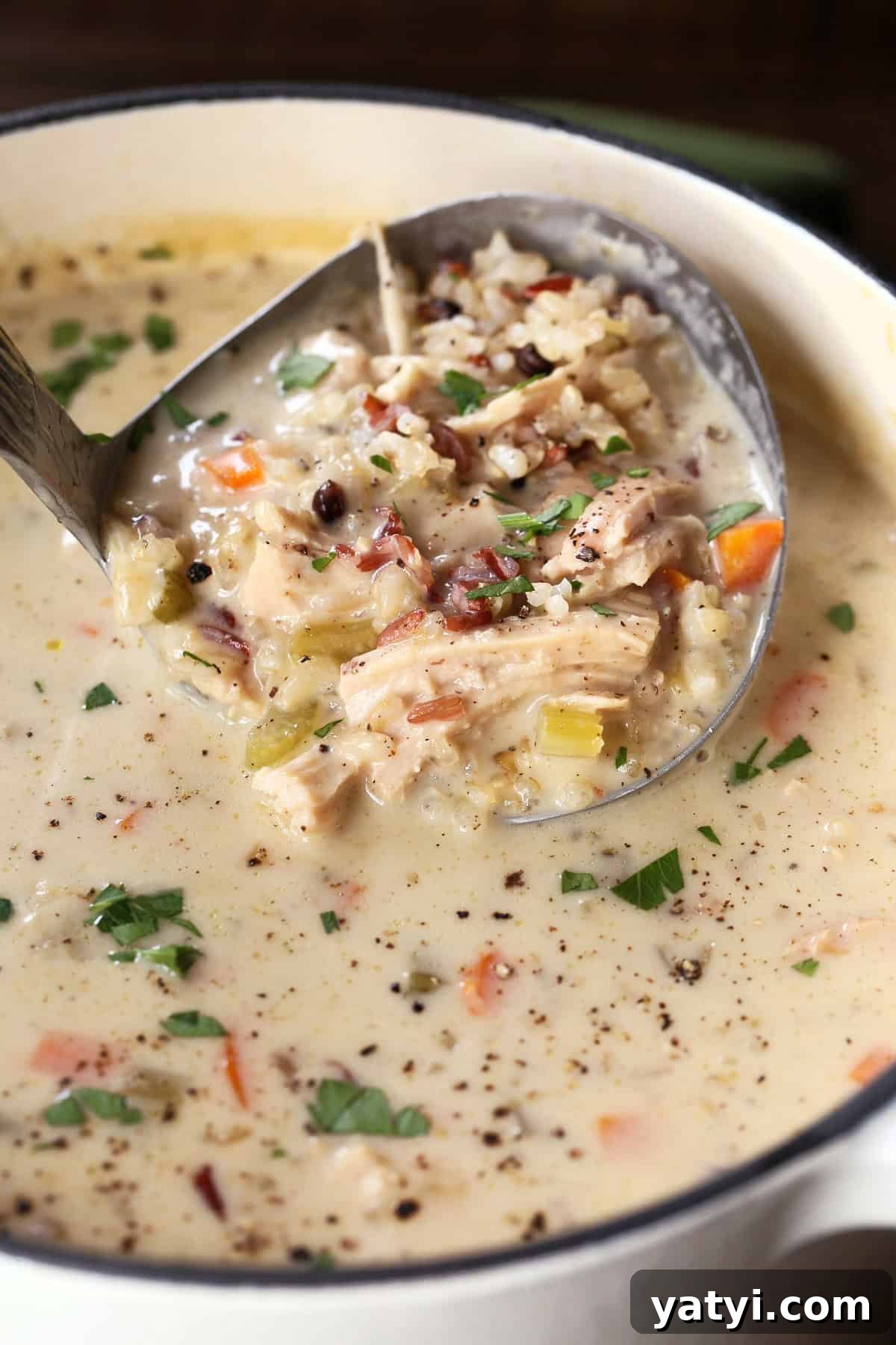 Our Turkey Wild Rice Soup is cozy and comforting: tender turkey with rice and vegetables in a smooth, sherry-infused broth. ladle in pot of turkey soup with rice and vegetables