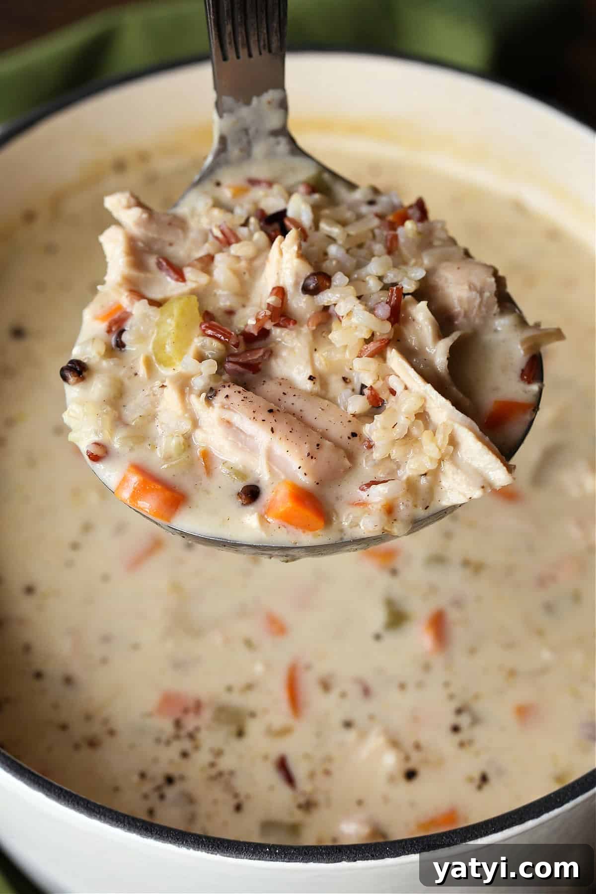 Our Turkey Wild Rice Soup is cozy and comforting: tender turkey with rice and vegetables in a smooth, sherry-infused broth. ladle with creamy turkey soup over pot