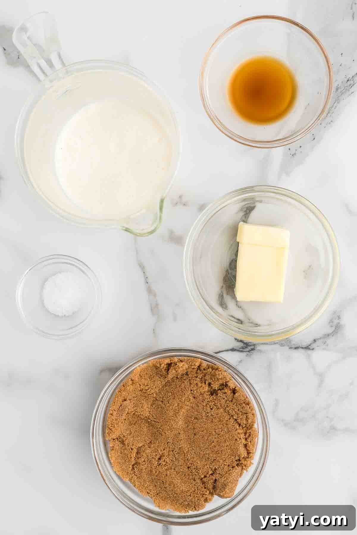 Ingredients for Butterscotch sauce- unsalted butter, dark brown sugar, salt, heavy whipping cream, vanilla.