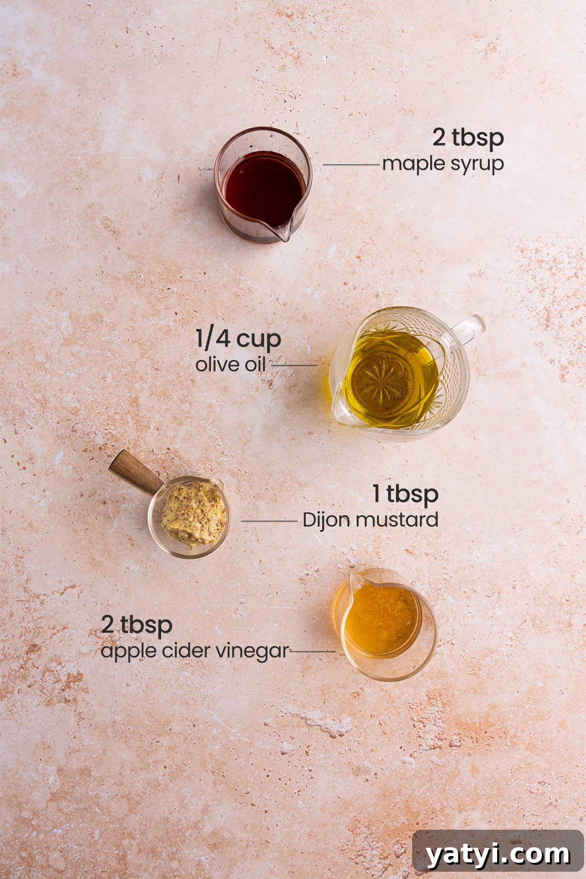 Maple Dijon Vinaigrette with 4 Simple Ingredients 3 ingredients for maple Dijon vinaigrette - maple syrup, olive oil, Dijon mustard, apple cider vinegar