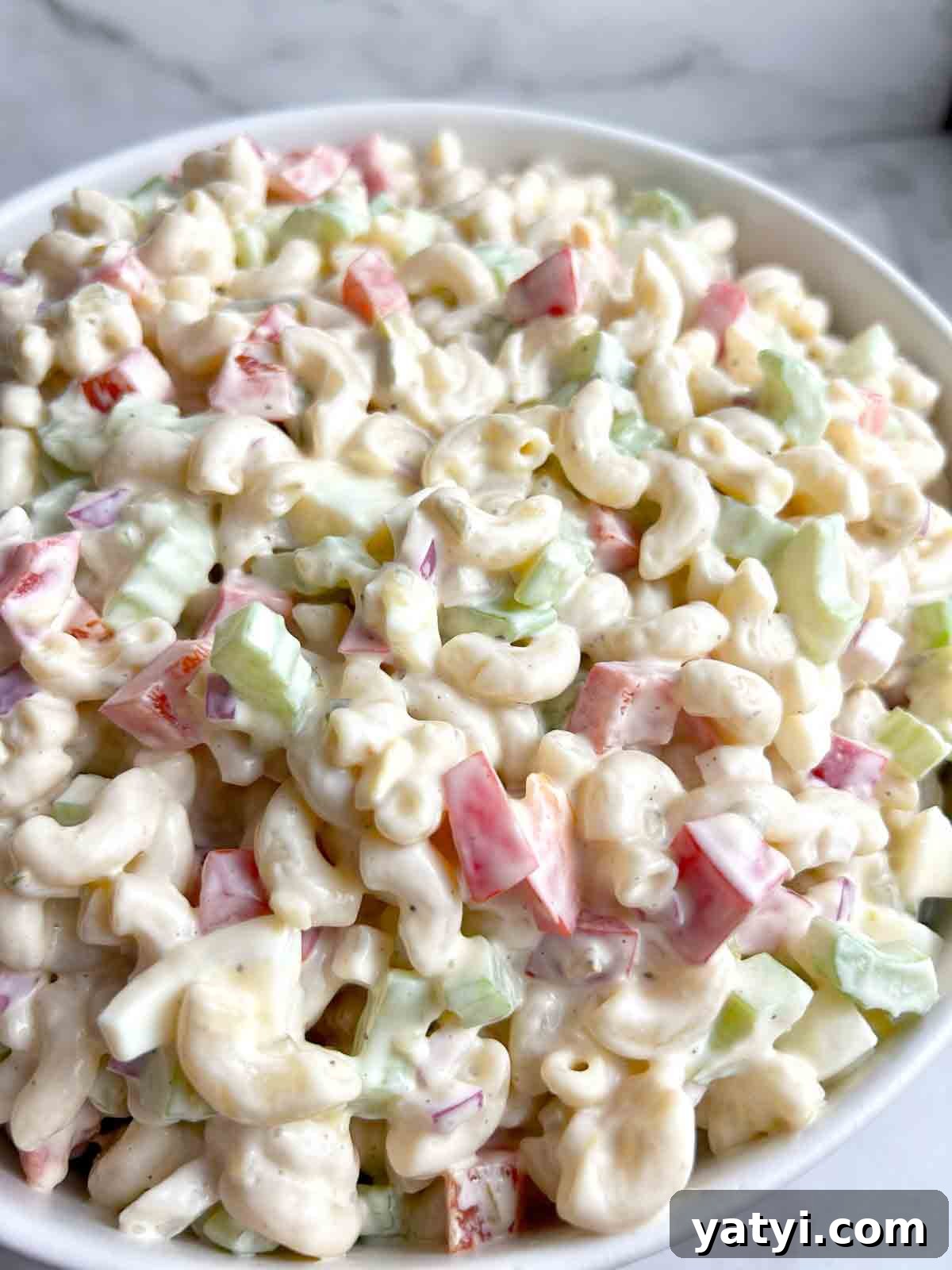 Creamy Classic Macaroni Salad Recipe for Picnics and Potlucks 2 close up of macaroni salad in bowl.
