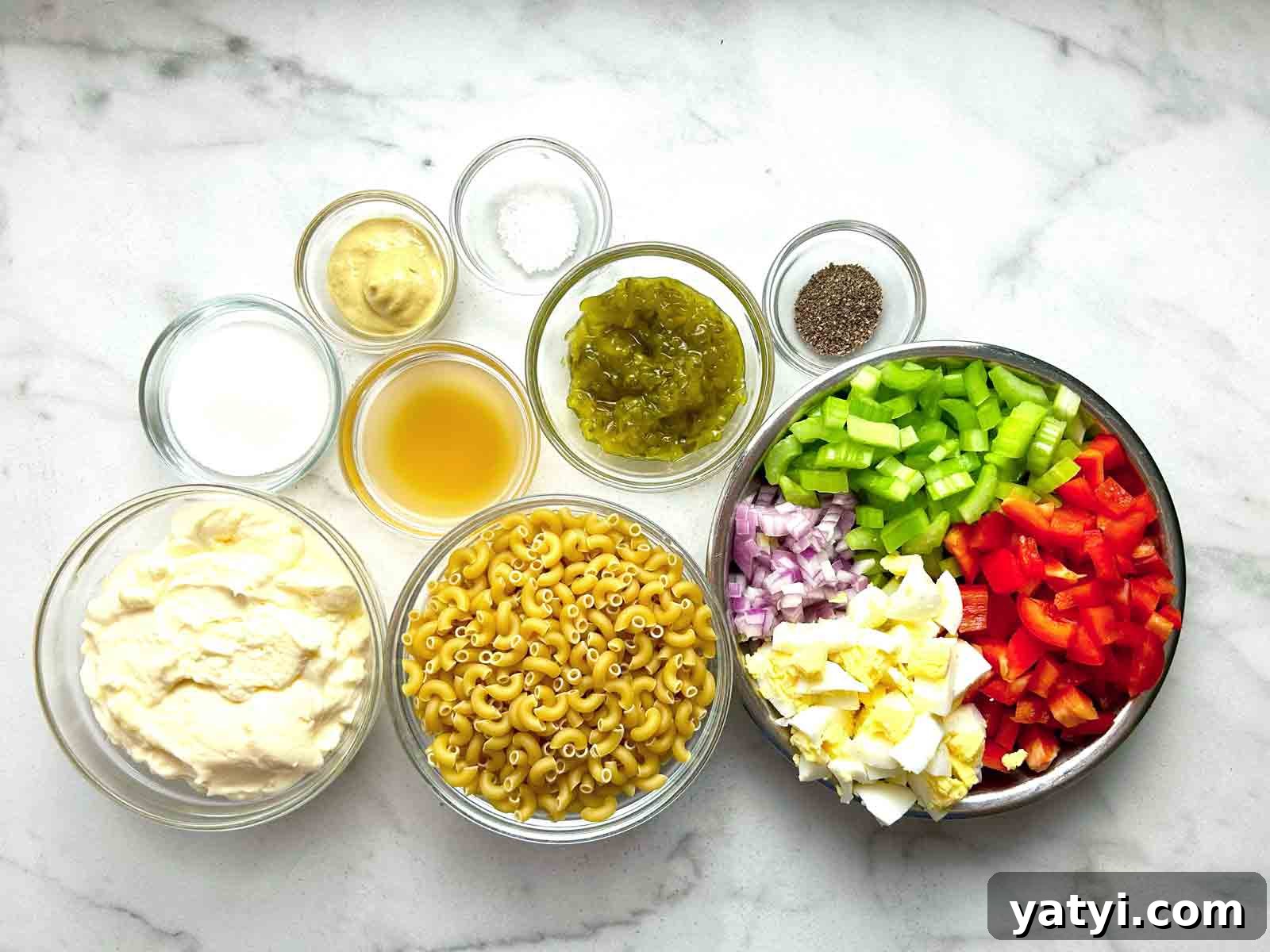 Creamy Classic Macaroni Salad Recipe for Picnics and Potlucks 3 ingredients prepped in bowls.
