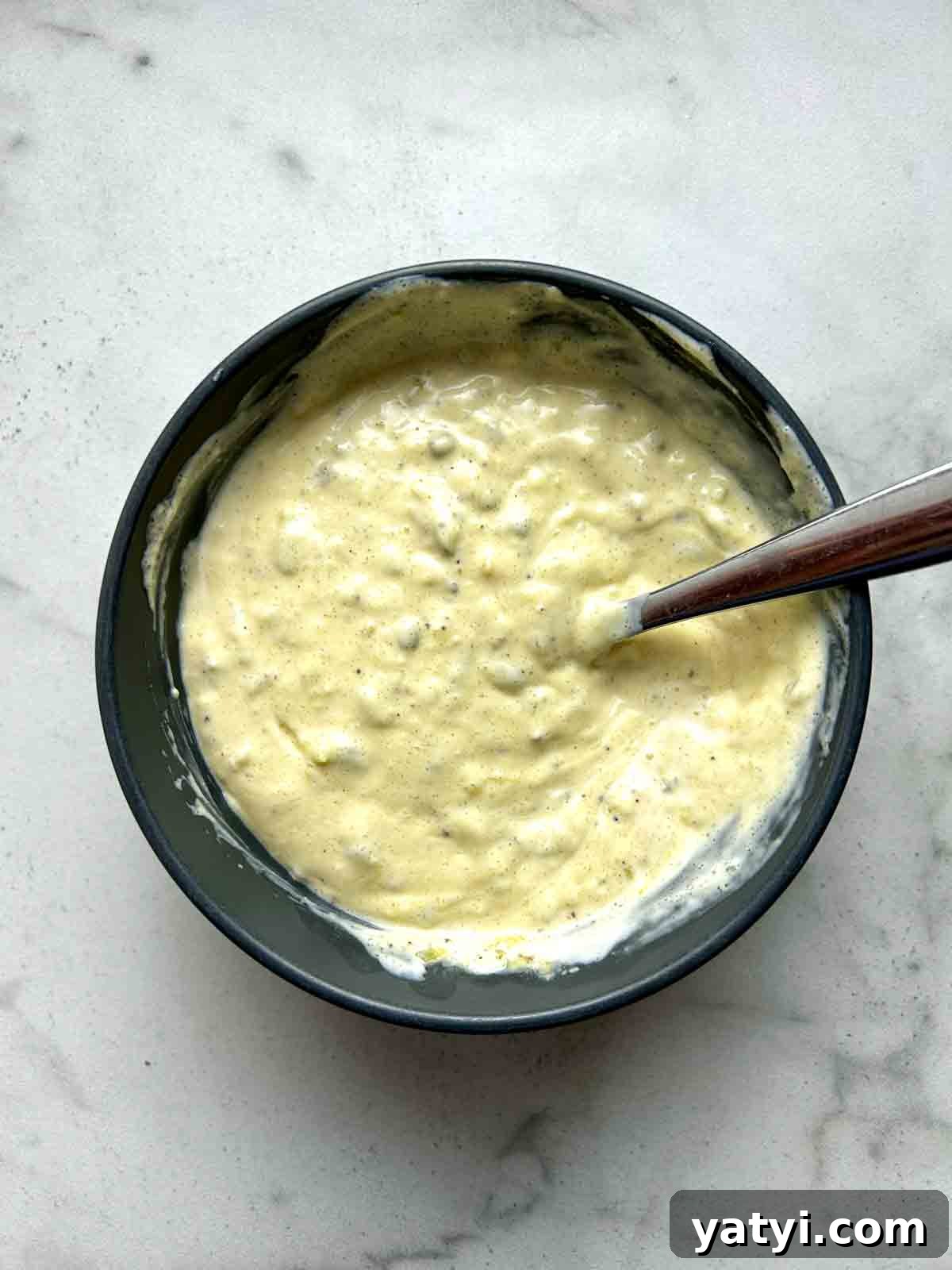 Creamy Classic Macaroni Salad Recipe for Picnics and Potlucks 5 dressing ingredients combined in bowl.