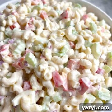 close up of macaroni salad in bowl.