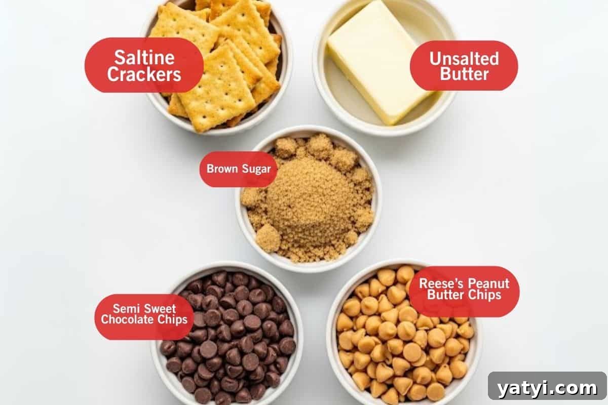 Saltine Cracker Toffee (Christmas Crack): Sweet & Salty Holiday Treat 3 Flat lay photo of ingredient shot saltine crackers, unsalted butter, brown sugar, semi sweet chocolate chips, Reese's peanut butter chips