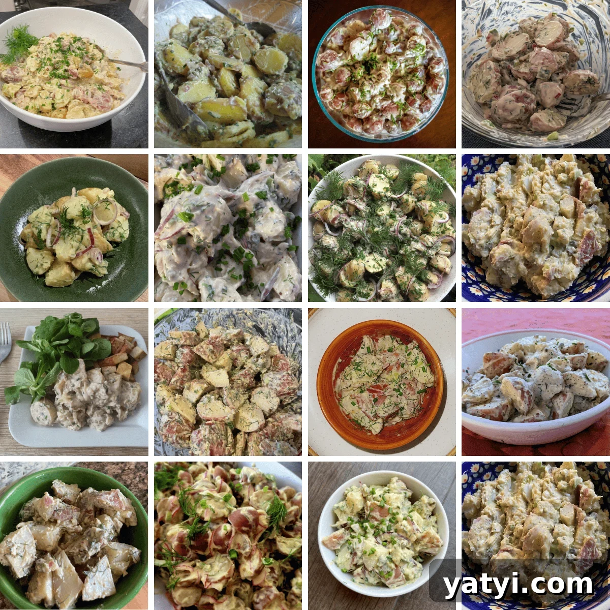 RPL Recipe Club: August 2023 Monthly Menu & Favorites 2 16 potato salad remakes in a grid.