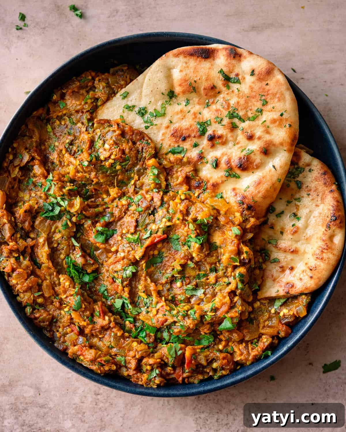 RPL Recipe Club: August 2023 Monthly Menu & Favorites 3 baingan bharta in a navy blue dish with cilantro naan tucked in on a light pink table.