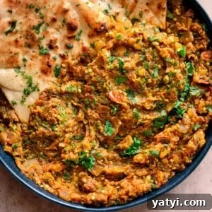 baingan bharta in a navy blue dish with cilantro naan tucked in on a light pink table.