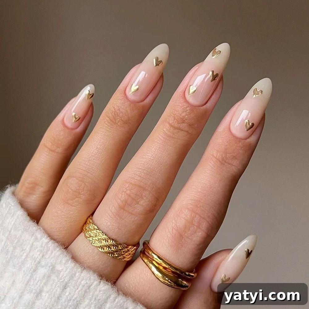 41 Chic Nude Nail Ideas You Can Create at Home 35 33. Gold Hearts