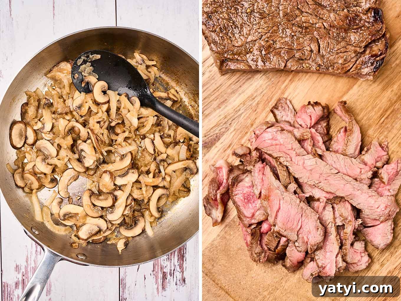 Ribeye Steak Sandwich with Creamy Blue Cheese Sauce 4 Side by side prep photos for grilled ribeye steak sandwiches, sautéed onions and mushrooms in a pan (left), finished steak, partially sliced (right).