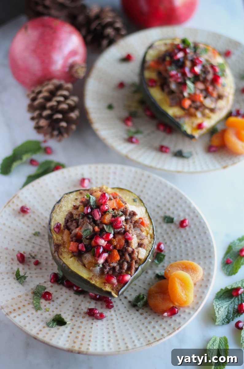 Paleo Moroccan Lamb Stuffed Squash (AIP) - a healthy, exotic take on stuffed acorn squash thanks to lamb, fresh mint, pomegranates, and dried fruit! | fedandfulfilled.com
