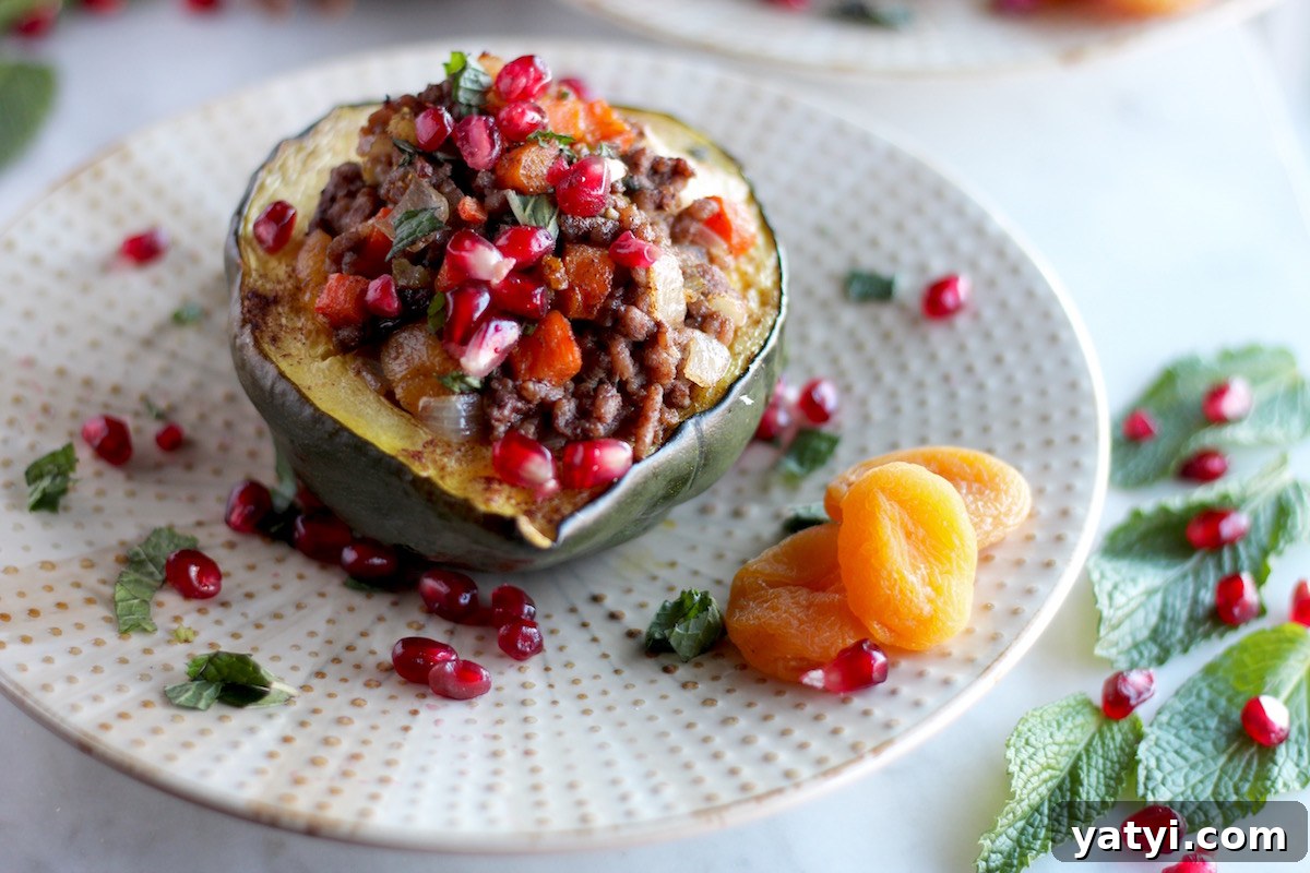 Paleo Moroccan Lamb Stuffed Squash (AIP) - a colorful and healthy main dish featuring grass-fed lamb, acorn squash, fresh mint, dried fruit, and pomegranate seeds! YUM! | fedandfulfilled.com