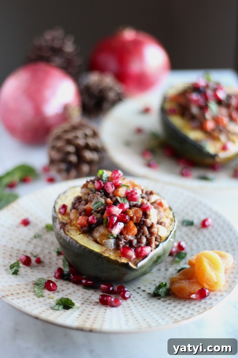 Paleo Moroccan Lamb Stuffed Squash (AIP) - a colorful and healthy meal made with seasonal squash, grass-fed lamb, fresh pomegranates, dried apricots, cinnamon, and mint! | fedandfulfilled.com