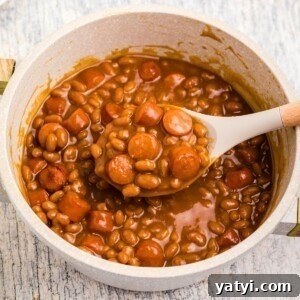 Classic Beanie Weenies Recipe: Hearty Sausage and Beans Meal 13 Close up photo of beans and weenies in a saucepan with a large spoon in the center.