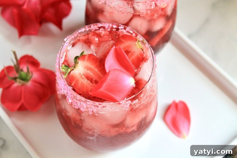 festive pink and red valentines day cocktails with strawberries