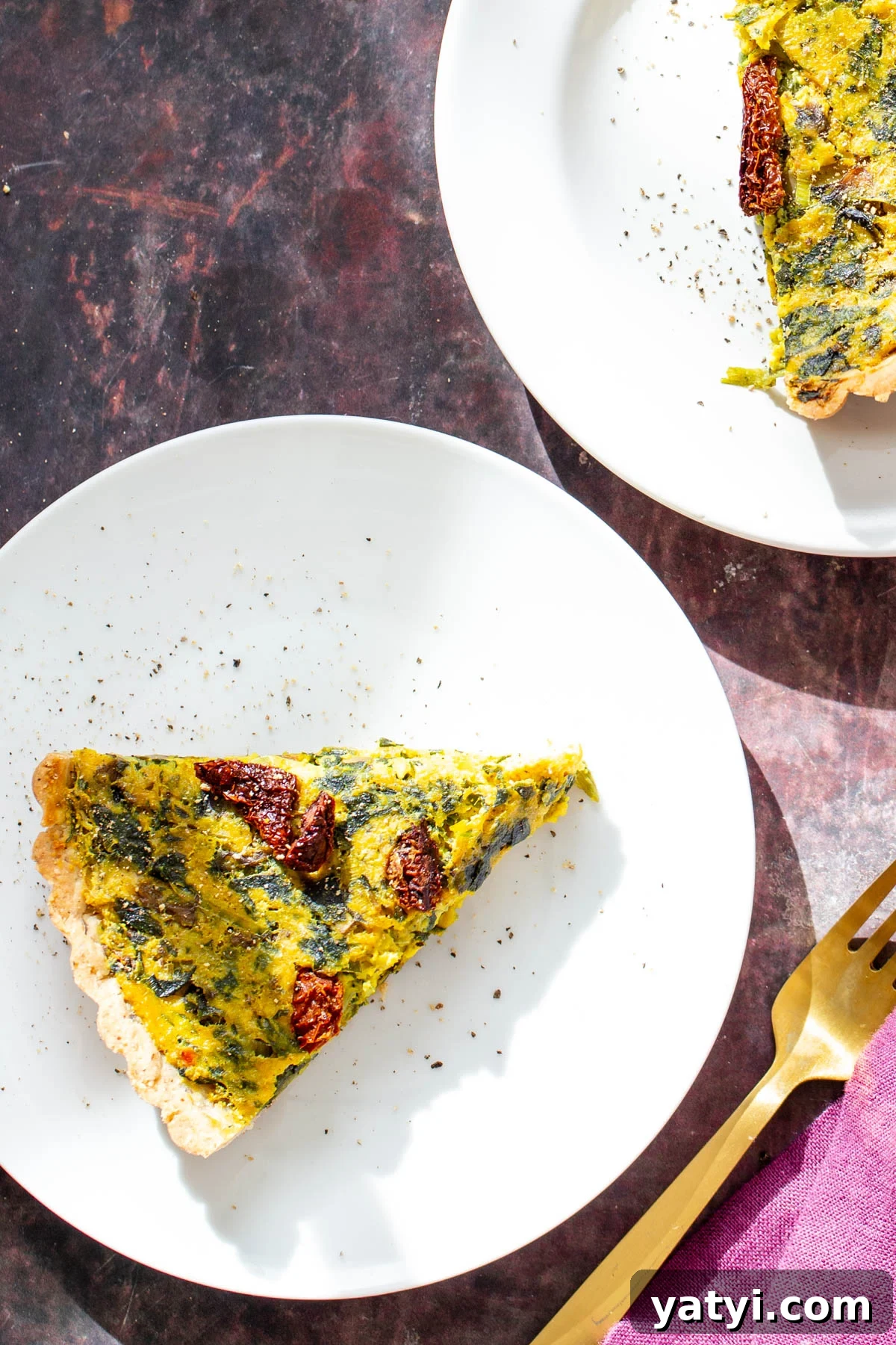 vegan quiche recipe overhead shot of a slice of vegan quiche