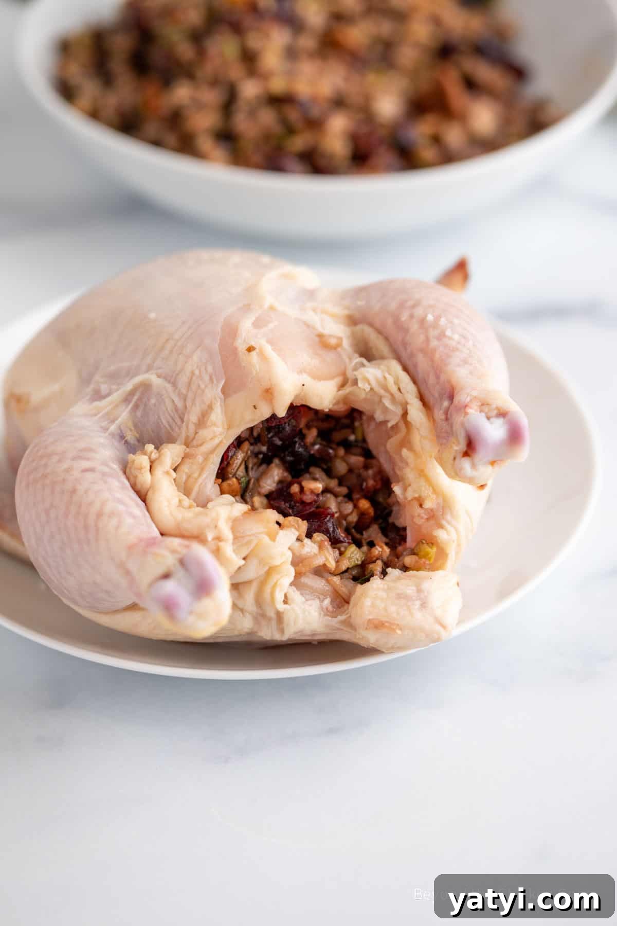 Herb-Roasted Stuffed Cornish Hens with Garlic and Lemon 4 Rice stuffing inside a cornish hen.