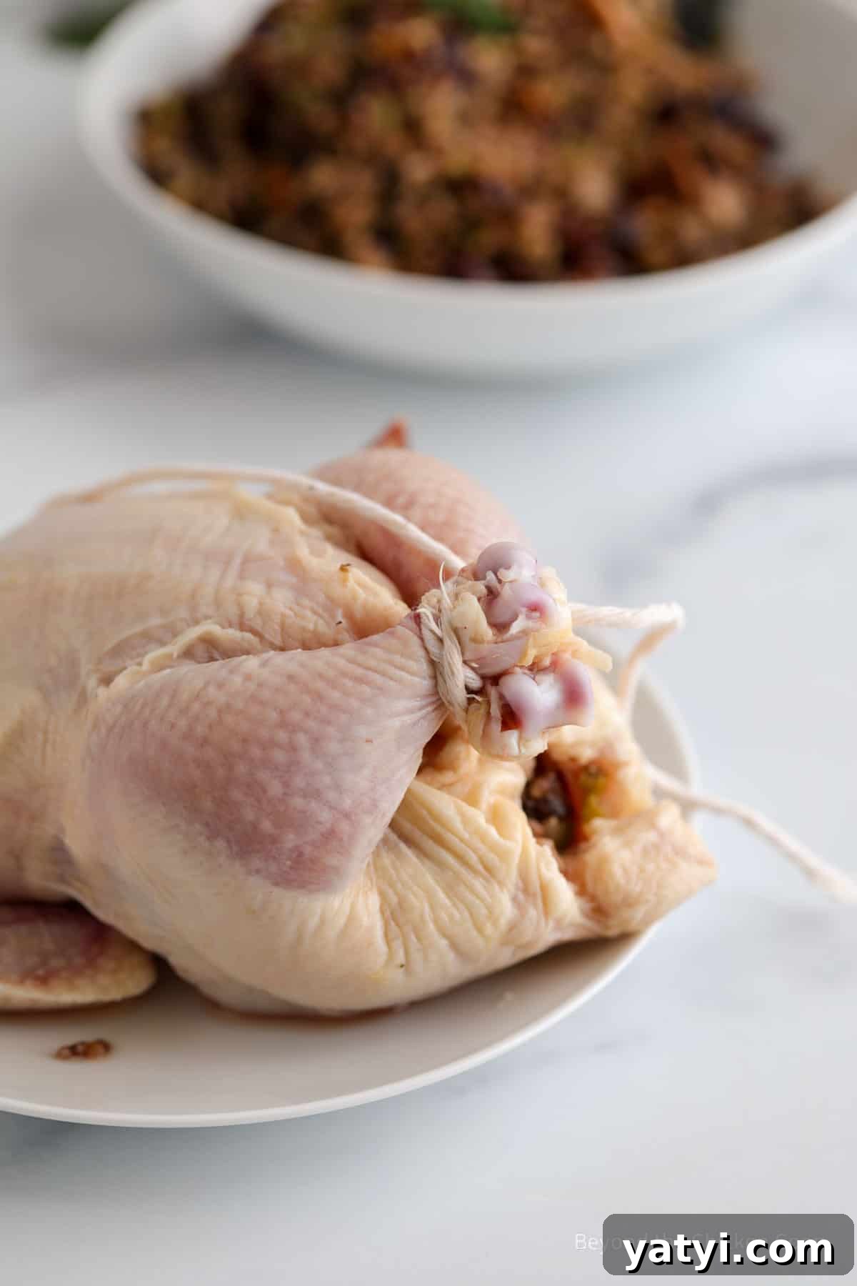 Herb-Roasted Stuffed Cornish Hens with Garlic and Lemon 5 A cornish hen with the legs tied together.