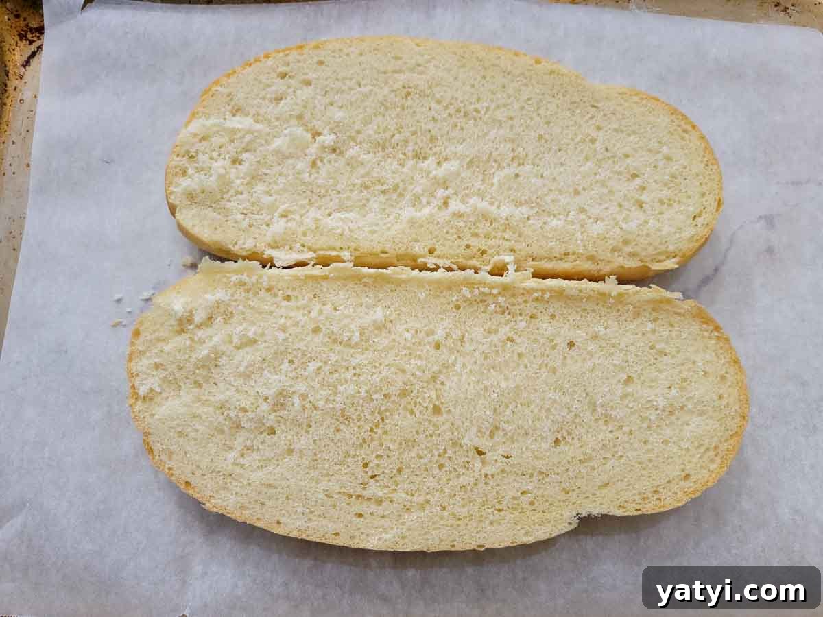 an Italian loaf split in half.