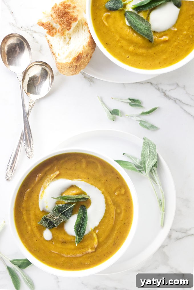 Creamy Sweet Potato and Sage Soup Recipe for Fall Comfort 2 Two bowls of sweet potato sage soup.
