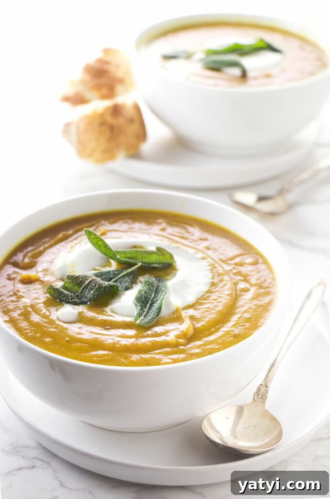 Creamy Sweet Potato and Sage Soup Recipe for Fall Comfort 3 Sweet potato soup with fried sage and maple cream.
