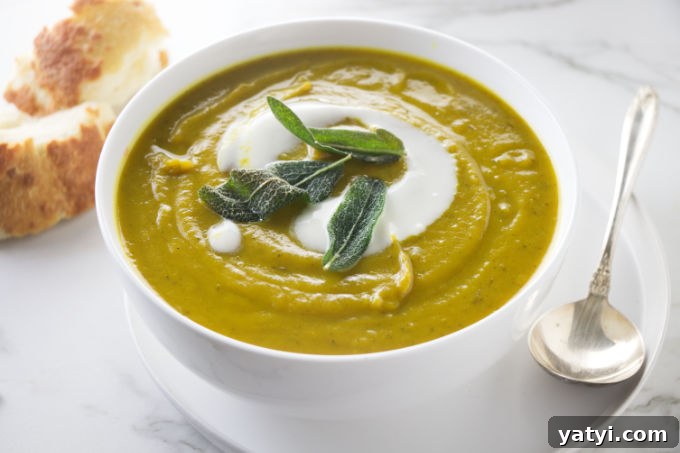 Creamy Sweet Potato and Sage Soup Recipe for Fall Comfort 4 A bowl of sweet potato soup with fried sage on top.