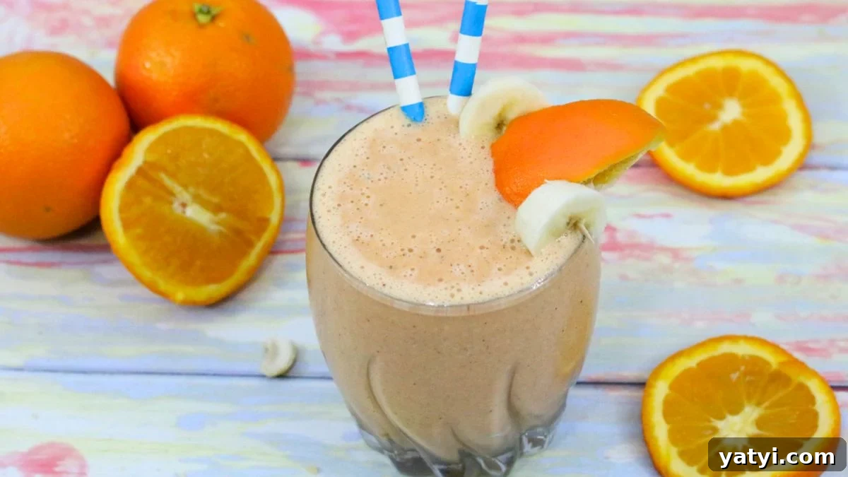 Orange carrot smoothie in a glass with two blue straws and oranges and bananas around it.