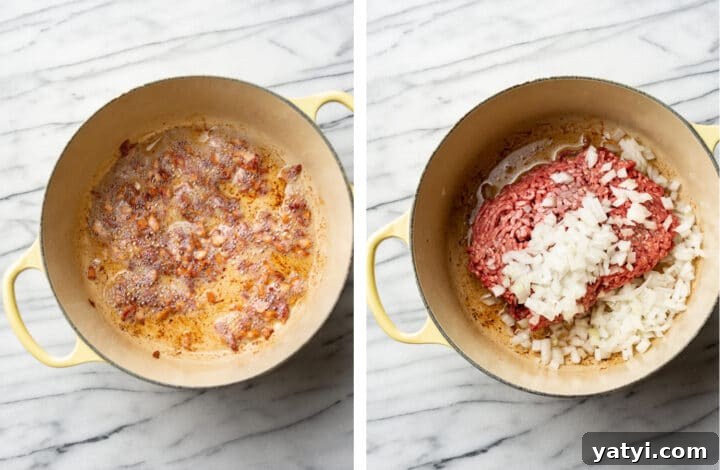 One-Pot Cheeseburger Macaroni Recipe for Quick Family Dinners 3 frying bacon and ground beef in a dutch oven