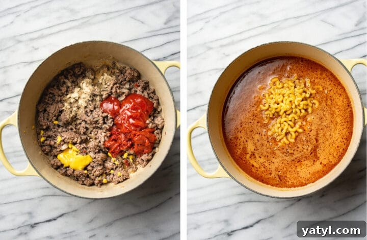 One-Pot Cheeseburger Macaroni Recipe for Quick Family Dinners 4 adding seasonings and pasta into a pot for cheeseburger macaroni