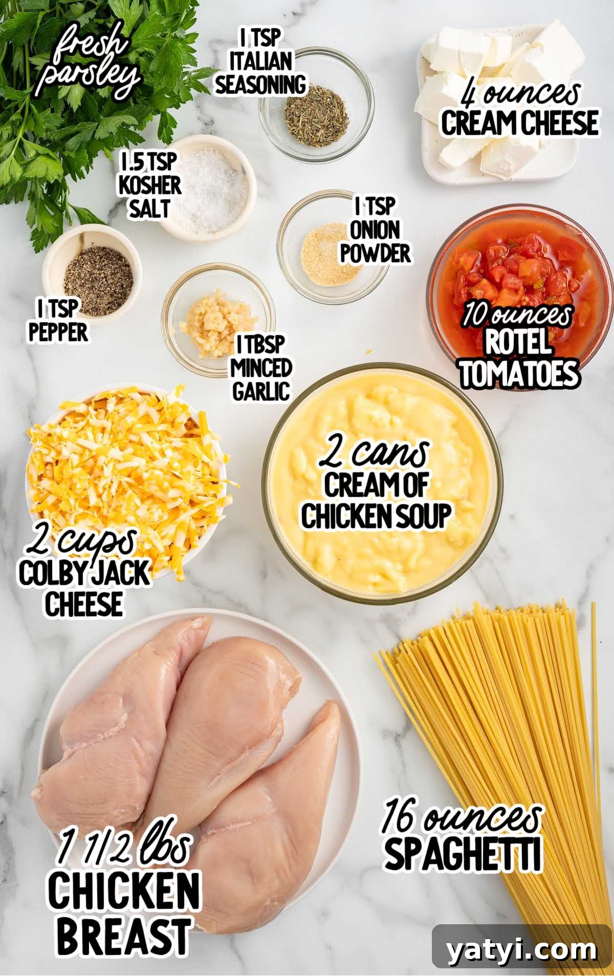 Creamy Slow Cooker Chicken Spaghetti Recipe for Weeknight Meals 3 Slow Cooker Chicken Spaghetti raw ingredients that are labeled