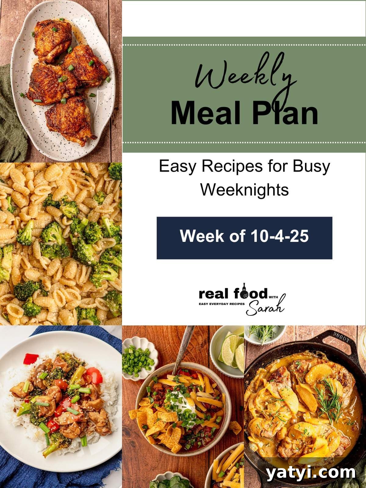 Weekly Meal Plan: October 4–10, 2025 2 Collage of five dinners including crispy air fryer chicken thighs, cavatelli pasta with broccoli, sweet chili chicken stir fry, hearty beef chili with toppings, and apple cider pork chops in a skillet, with text “Weekly Meal Plan – Week of 10-4-25.”