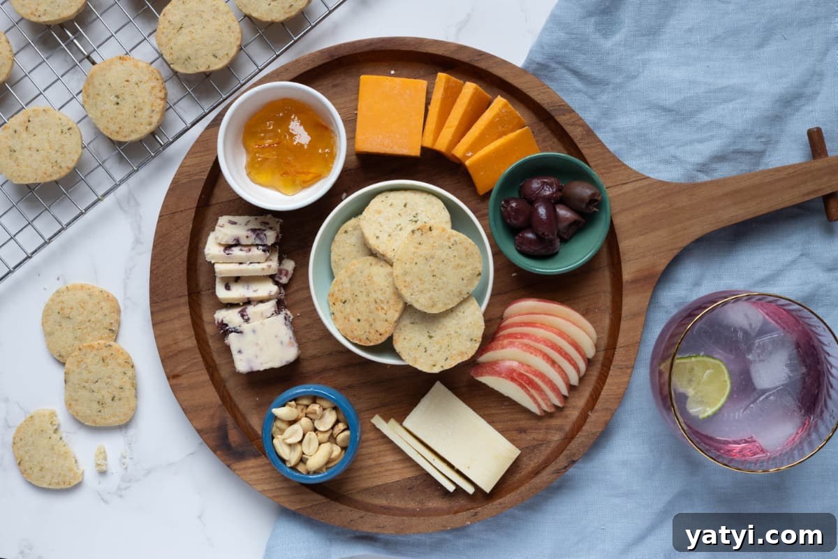 Rosemary Parmesan Shortbread Made with Sourdough Discard 2 A cheese and appetizer board featuring sourdough discard rosemary and parmesan shortbread for snacking.