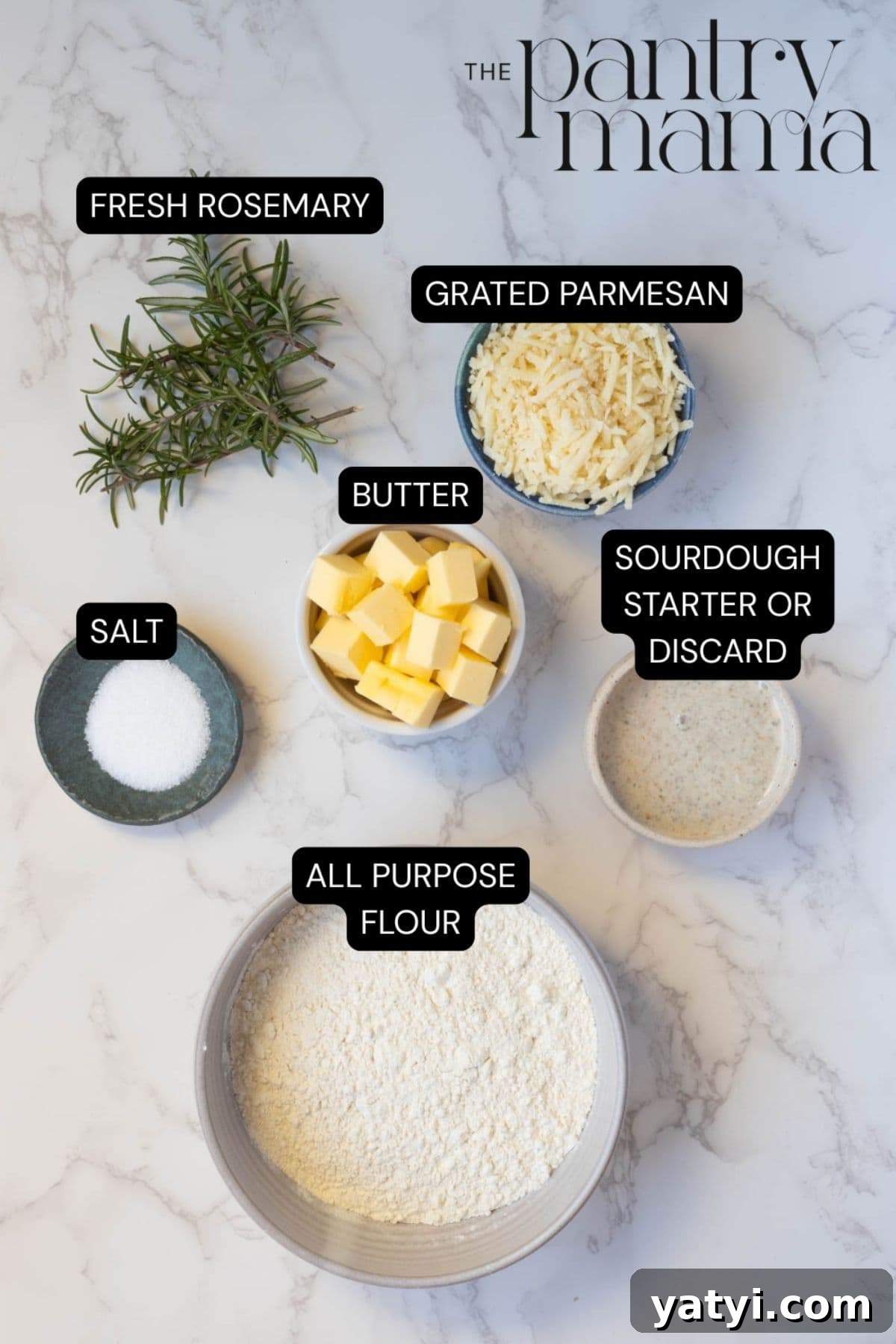 Rosemary Parmesan Shortbread Made with Sourdough Discard 4 Labeled ingredients on counter to make sourdough discard rosemary and parmesan shortbread.