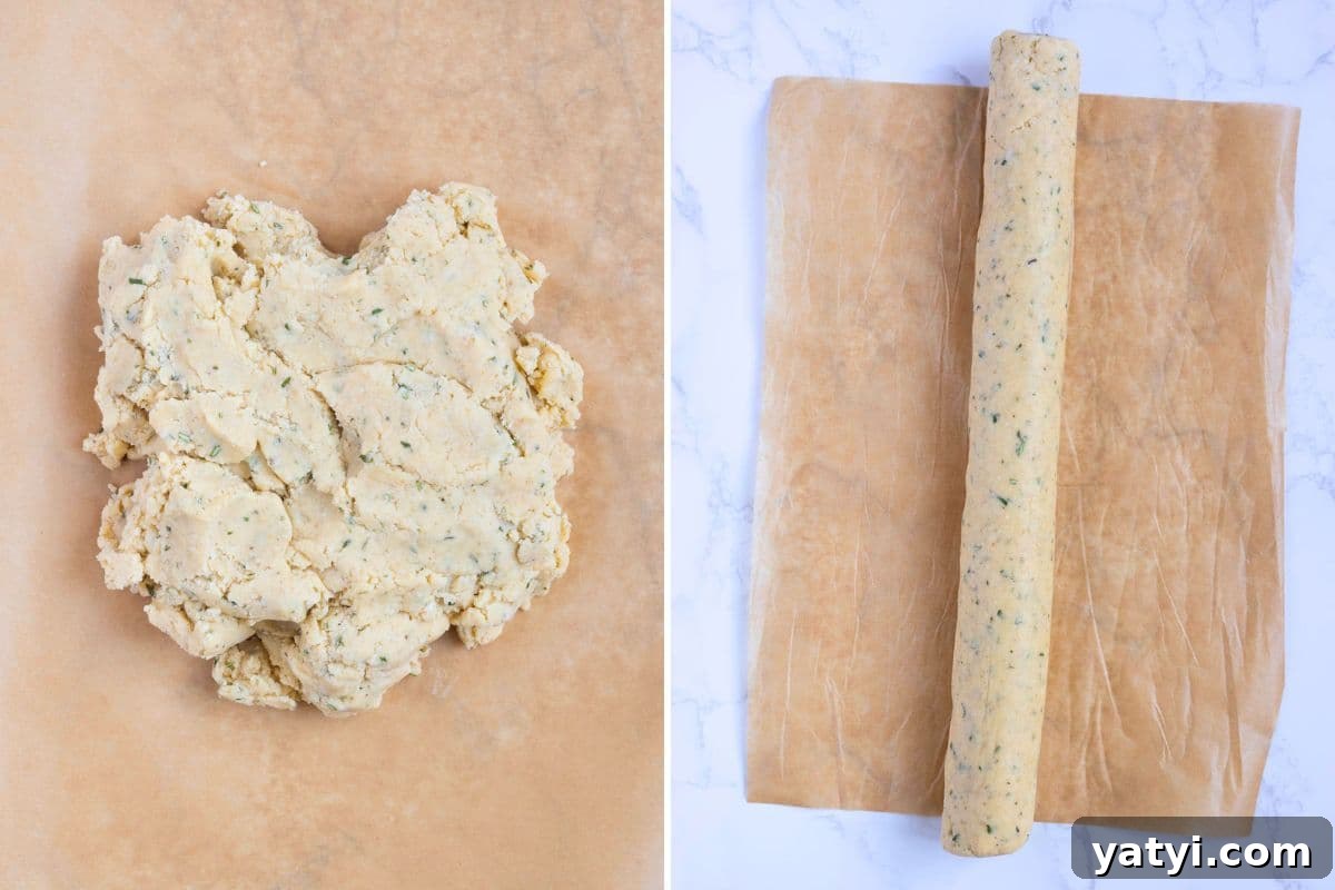 Rosemary Parmesan Shortbread Made with Sourdough Discard 6 Two photos to show the dough for sourdough discard rosemary and parmesan shortbread, before and after rolling to be cut.